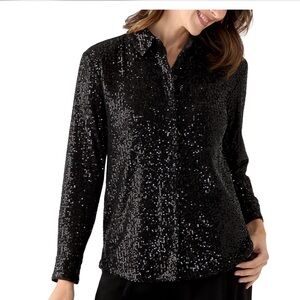 NWT Women's Long Sleeve Sequin Boyfriend Shirt